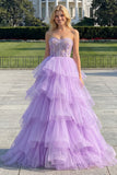 Sparkly Purple Tiered Beaded Floral Tulle Long Corset Prom Dress with Ruffles