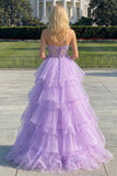 Sparkly Purple Tiered Beaded Floral Tulle Long Corset Prom Dress with Ruffles
