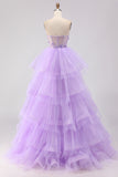 Sparkly Purple Tiered Beaded Floral Tulle Long Corset Prom Dress with Ruffles