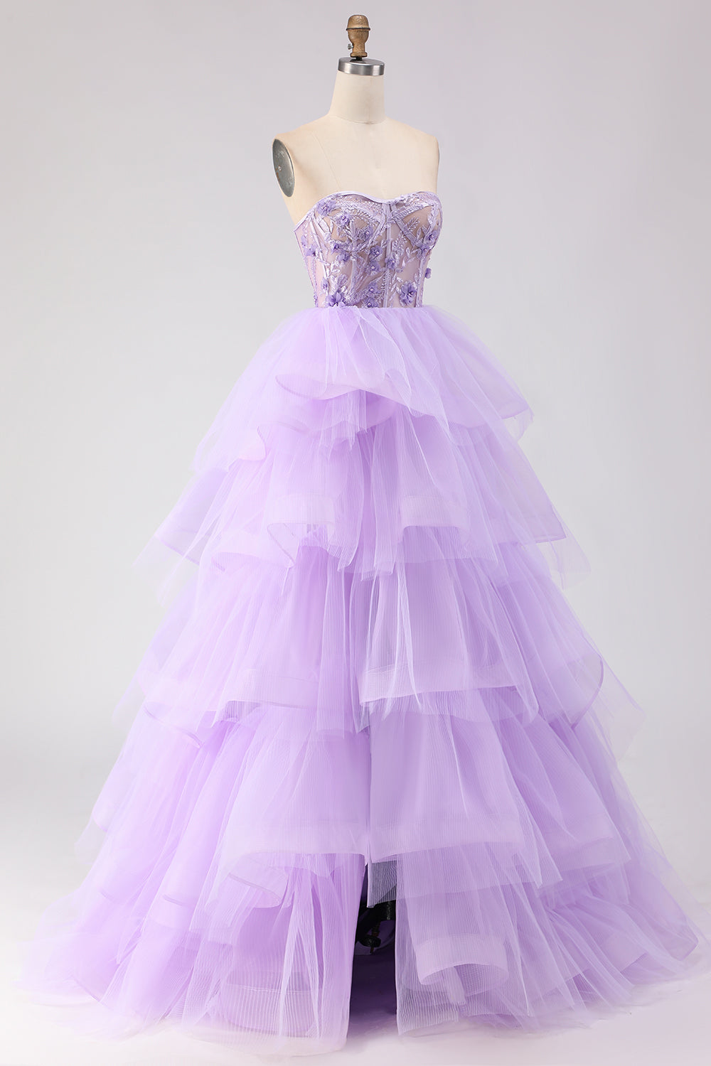 Sparkly Purple Tiered Beaded Floral Tulle Long Corset Prom Dress with Ruffles