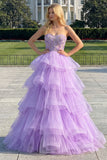 Sparkly Purple Tiered Beaded Floral Tulle Long Corset Prom Dress with Ruffles