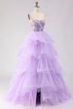 Sparkly Purple Tiered Beaded Floral Tulle Long Corset Prom Dress with Ruffles