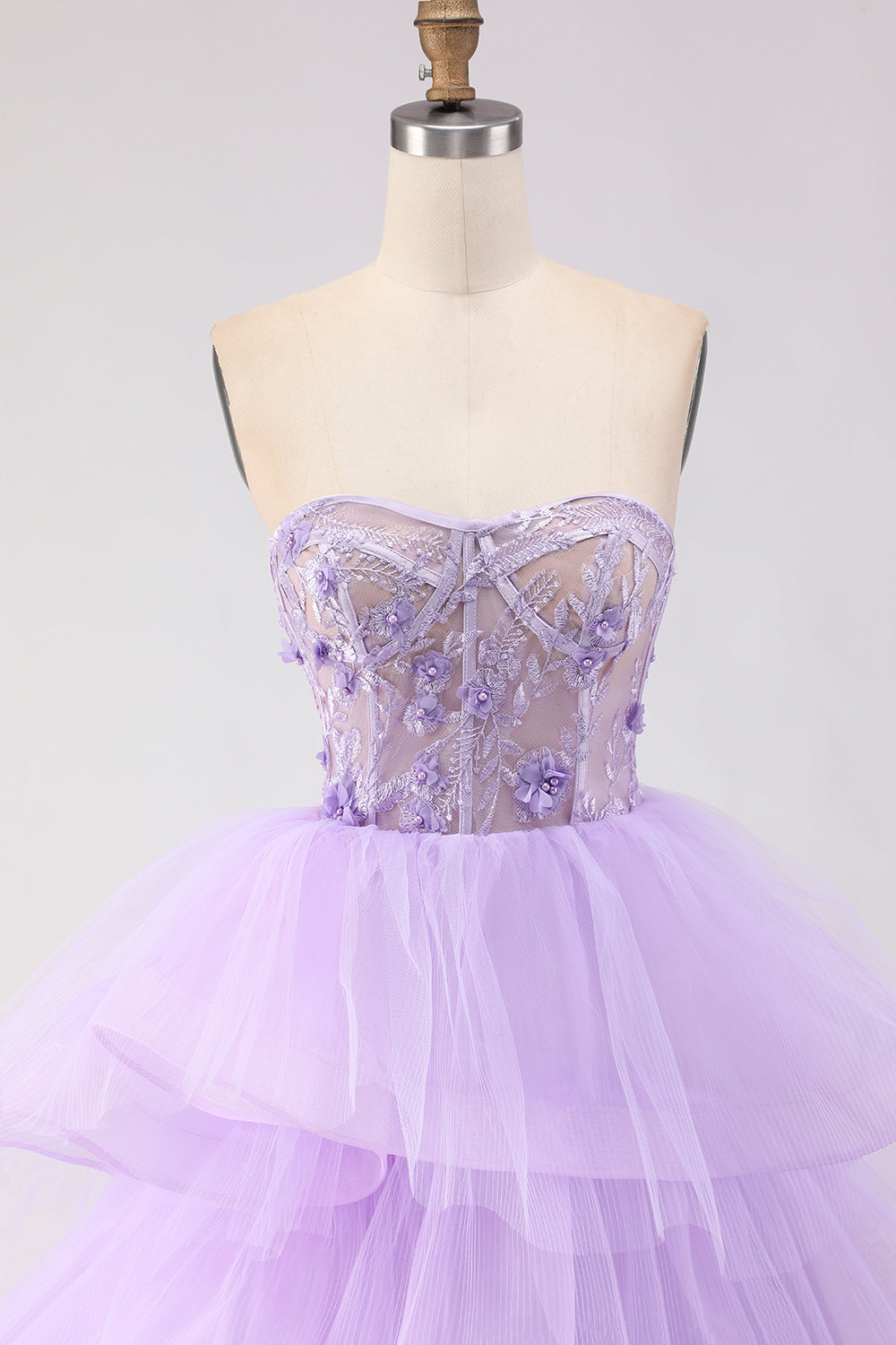 Sparkly Purple Tiered Beaded Floral Tulle Long Corset Prom Dress with Ruffles