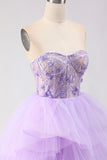 Sparkly Purple Tiered Beaded Floral Tulle Long Corset Prom Dress with Ruffles
