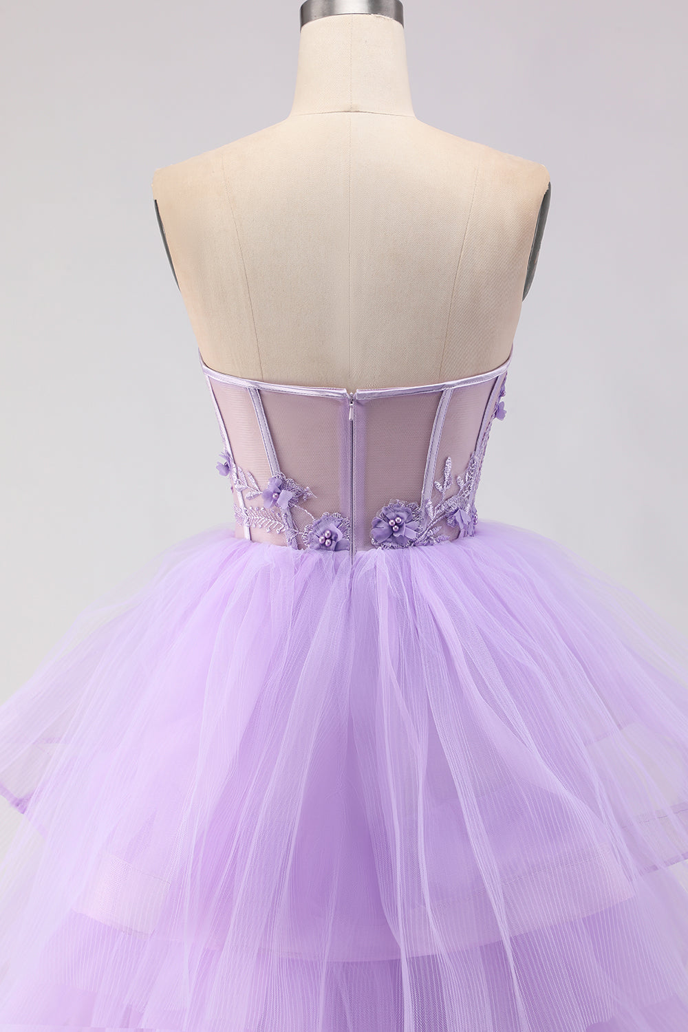 Sparkly Purple Tiered Beaded Floral Tulle Long Corset Prom Dress with Ruffles