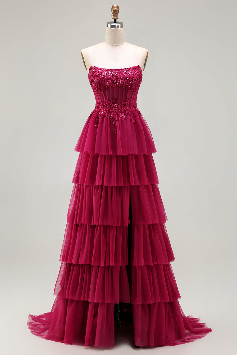 Sparkly Floral Fuchsia Tiered Beaded Long Corset Prom Dress with Slit