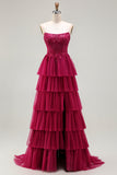 Sparkly Floral Fuchsia Tiered Beaded Long Corset Prom Dress with Slit