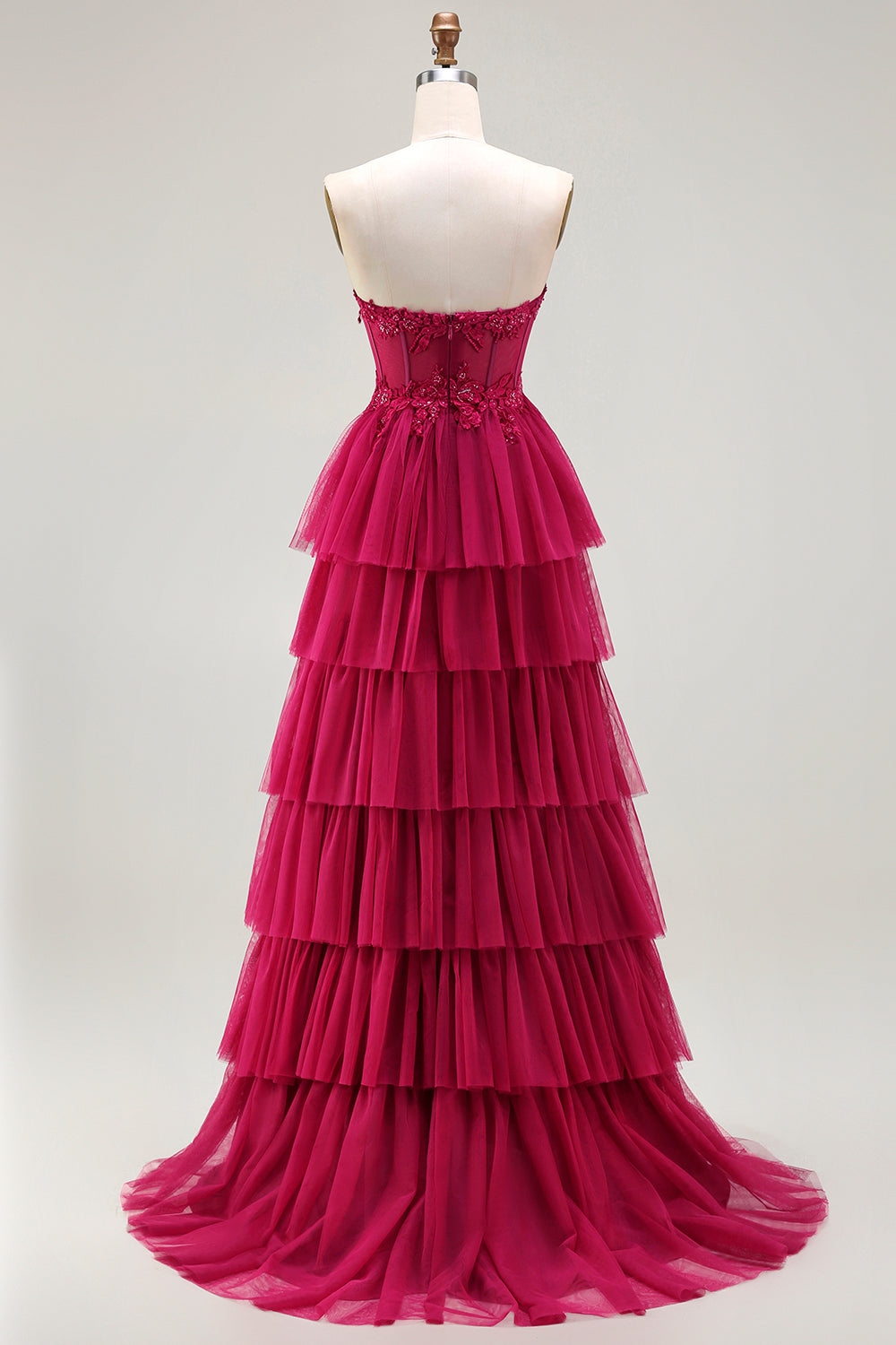 Sparkly Floral Fuchsia Tiered Beaded Long Corset Prom Dress with Slit