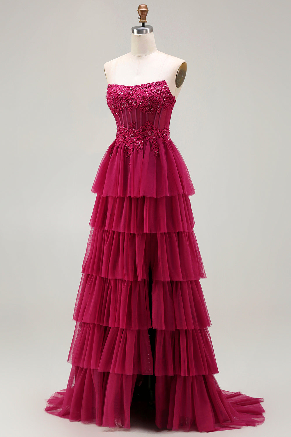 Sparkly Floral Fuchsia Tiered Beaded Long Corset Prom Dress with Slit