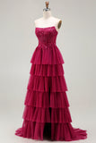 Sparkly Floral Fuchsia Tiered Beaded Long Corset Prom Dress with Slit