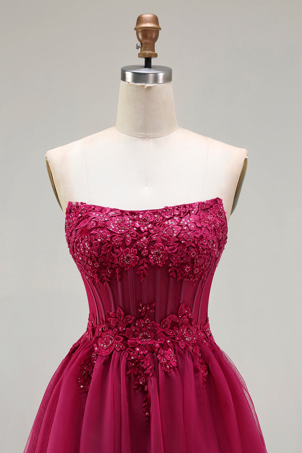 Sparkly Floral Fuchsia Tiered Beaded Long Corset Prom Dress with Slit