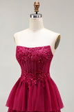 Sparkly Floral Fuchsia Tiered Beaded Long Corset Prom Dress with Slit