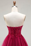 Sparkly Floral Fuchsia Tiered Beaded Long Corset Prom Dress with Slit