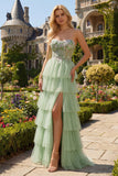Sparkly Floral Fuchsia Tiered Beaded Long Corset Prom Dress with Slit