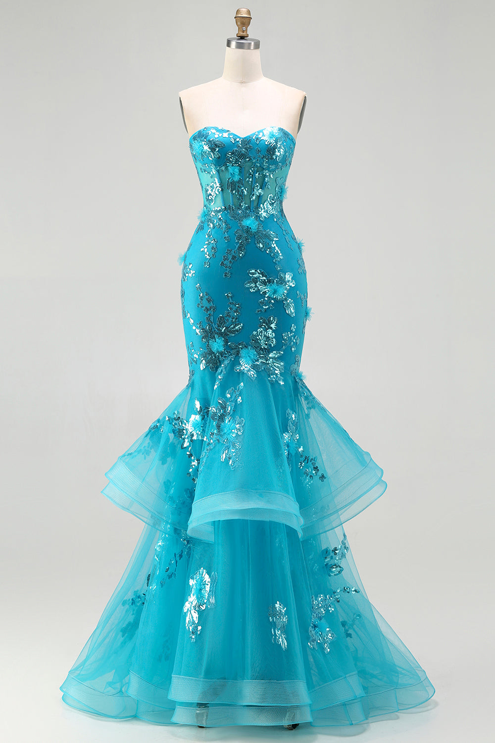 Sparkly Blue Sequin Mermaid Long Corset Prom Dress with Ruffles