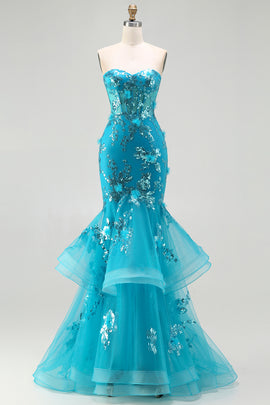 Sparkly Blue Sequin Mermaid Long Corset Prom Dress with Ruffles
