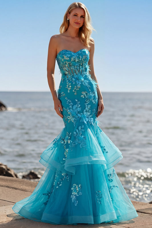 Sparkly Blue Sequin Mermaid Long Corset Prom Dress with Ruffles