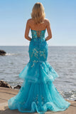 Sparkly Blue Sequin Mermaid Long Corset Prom Dress with Ruffles