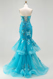 Sparkly Blue Sequin Mermaid Long Corset Prom Dress with Ruffles
