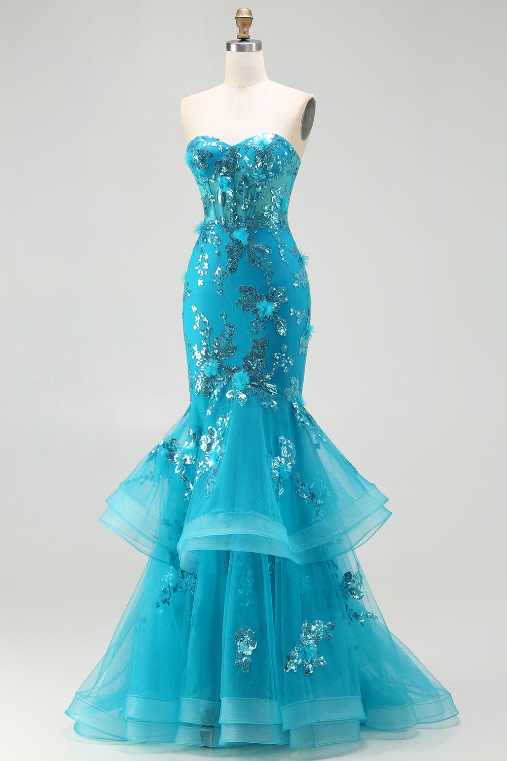 Sparkly Blue Sequin Mermaid Long Corset Prom Dress with Ruffles