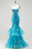 Sparkly Blue Sequin Mermaid Long Corset Prom Dress with Ruffles