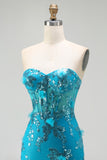 Sparkly Blue Sequin Mermaid Long Corset Prom Dress with Ruffles