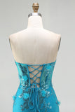Sparkly Blue Sequin Mermaid Long Corset Prom Dress with Ruffles