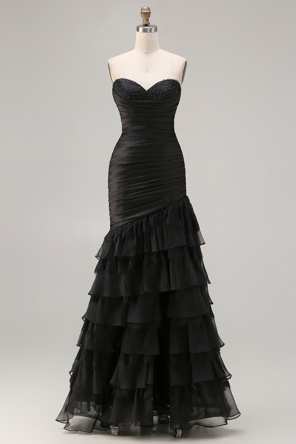 Black Mermaid Tiered Ruched Long Prom Dress with Beading