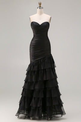 Black Mermaid Tiered Ruched Long Prom Dress with Beading