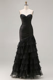 Black Mermaid Tiered Ruched Long Prom Dress with Beading