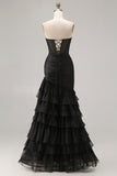 Black Mermaid Tiered Ruched Long Prom Dress with Beading