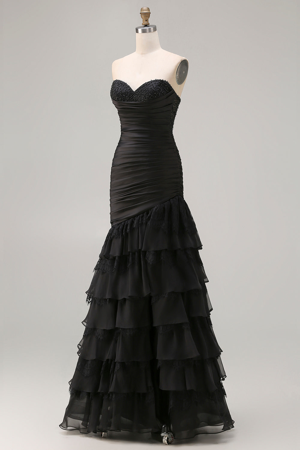 Black Mermaid Tiered Ruched Long Prom Dress with Beading