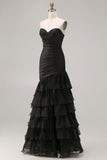 Black Mermaid Tiered Ruched Long Prom Dress with Beading