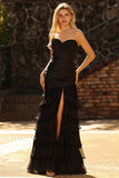 Black Mermaid Ruched Ruffled Long Prom Dress with Beading