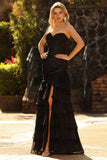 Black Mermaid Ruched Ruffled Long Prom Dress with Beading
