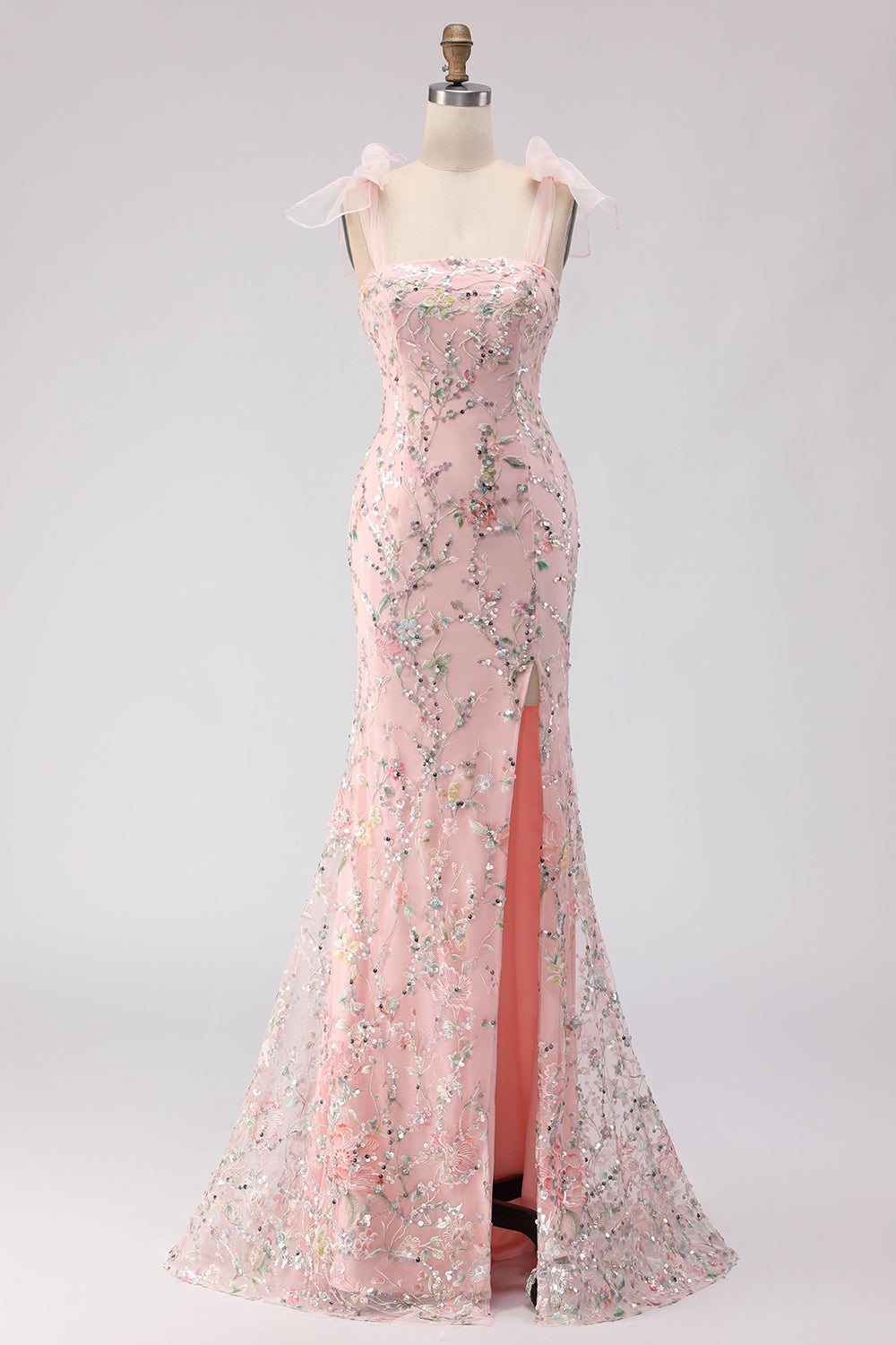 Sparkly Floral Blush Mermaid Sequins Long Prom Dress with Slit