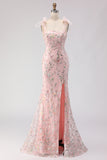 Sparkly Floral Blush Mermaid Sequins Long Prom Dress with Slit