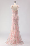 Sparkly Floral Blush Mermaid Sequins Long Prom Dress with Slit