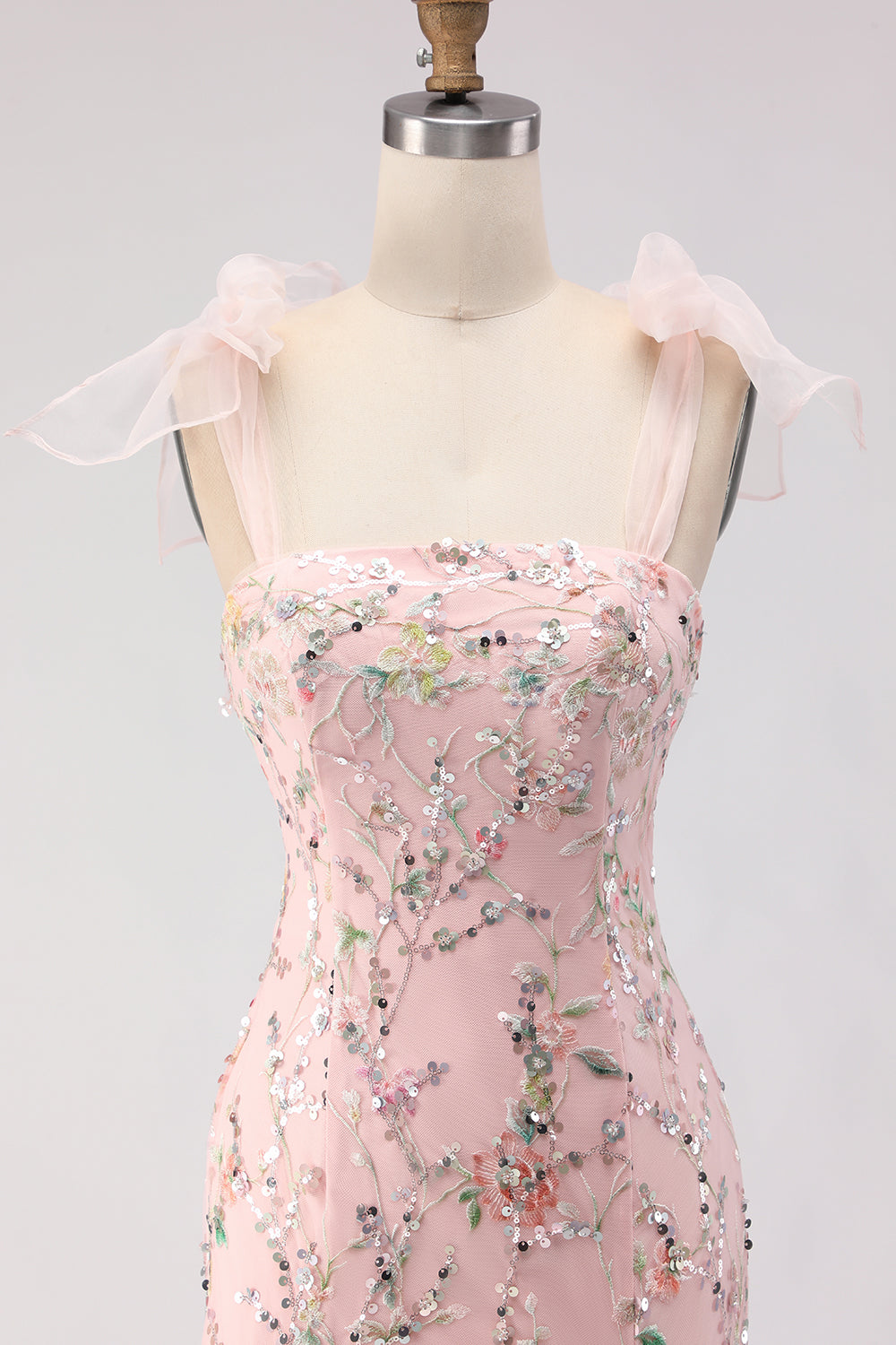 Sparkly Floral Blush Mermaid Sequins Long Prom Dress with Slit