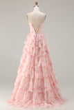 Floral Pink and Red Sparkly Tiered Long Corset Prom Dress with Beading