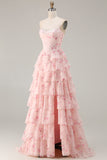 Floral Pink and Red Sparkly Tiered Long Corset Prom Dress with Beading