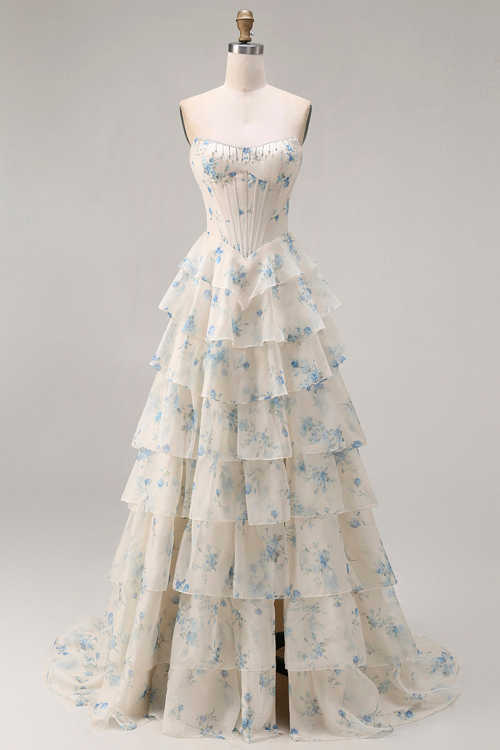 Floral Pink and Red Sparkly Tiered Long Corset Prom Dress with Beading