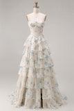 Floral Pink and Red Sparkly Tiered Long Corset Prom Dress with Beading
