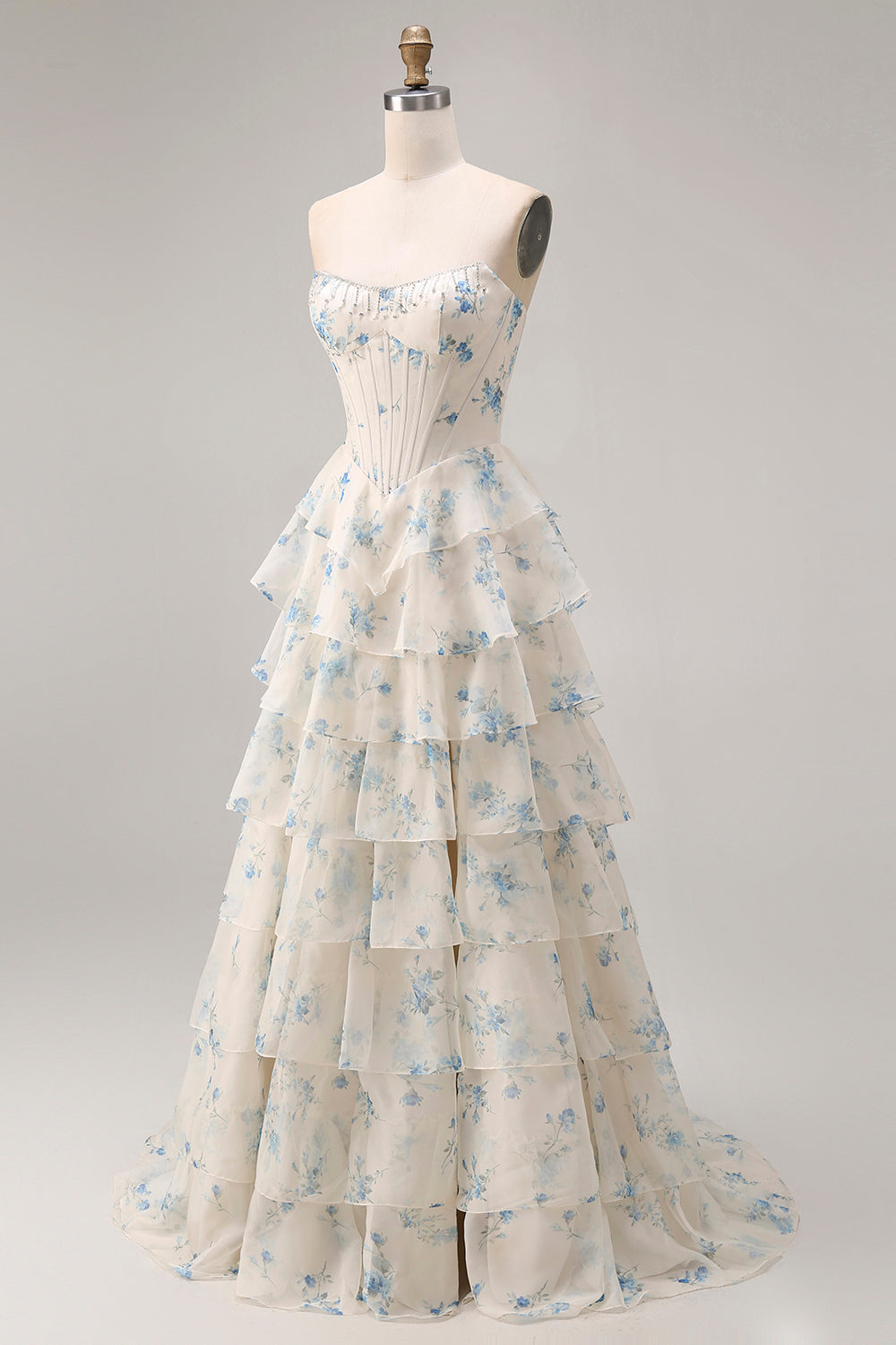 Floral Pink and Red Sparkly Tiered Long Corset Prom Dress with Beading
