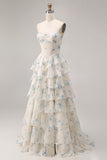 Floral Pink and Red Sparkly Tiered Long Corset Prom Dress with Beading