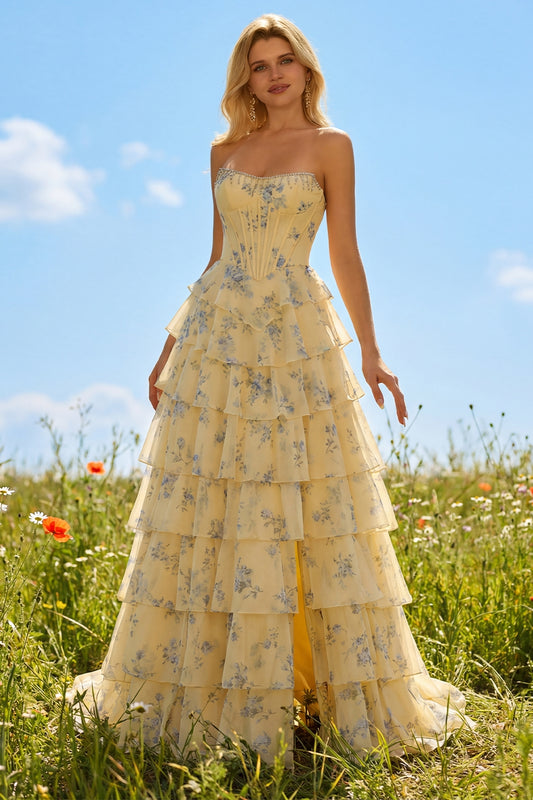 Sparkly Floral Yellow and Blue Tiered A Line Long Corset Prom Dress with Slit
