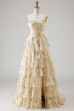 Sparkly Floral Yellow and Blue Tiered A Line Long Corset Prom Dress with Slit