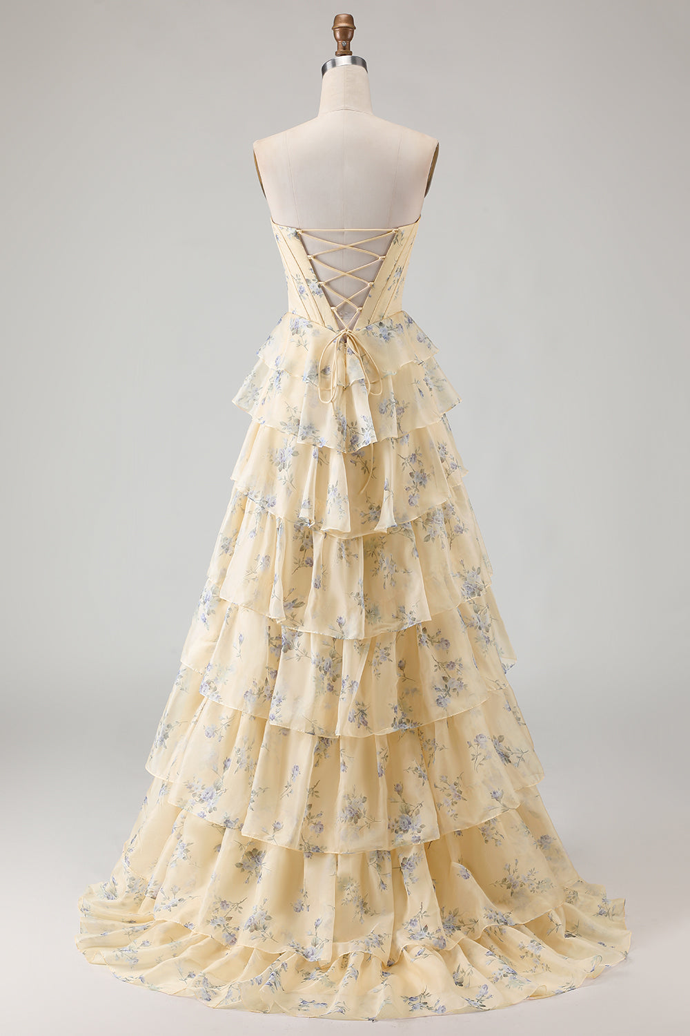 Sparkly Floral Yellow and Blue Tiered A Line Long Corset Prom Dress with Slit