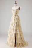 Sparkly Floral Yellow and Blue Tiered A Line Long Corset Prom Dress with Slit