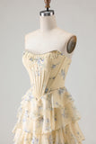 Sparkly Floral Yellow and Blue Tiered A Line Long Corset Prom Dress with Slit